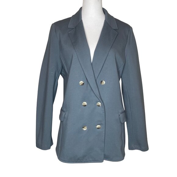 Betabrand Double-Breasted Stretch Ponte Blazer XL Dusty Blue Silver Buttons - Picture 2 of 13